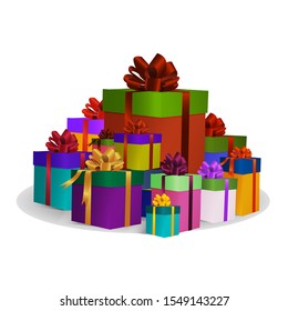 A bunch of gifts in colorful packaging. Set of boxes for congratulations. The concept of holiday shopping. Isolated on white background. Vector illustration.