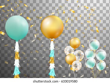 Bunch of Glossy gold, green ,white transparent with confetti  balloons. Party decorations for birthday, anniversary, celebration, event design,wedding. vector illustration 