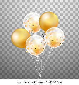 Bunch of Glossy gold, white transparent with confetti  balloons isolated. Party decorations for birthday, anniversary, celebration, event design,wedding. vector illustration
