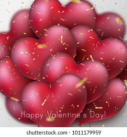 Bunch of glossy heart balloons. Glittering gold confetti. Valentines day holiday sign. Vector illustration, heart shape. Place for text. Festive decoration element. Love concept. 