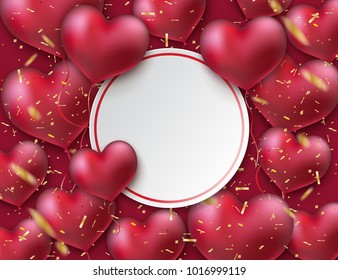 Bunch of glossy heart balloons. Glittering gold confetti. Valentines day holiday sign. Vector illustration, heart shape. Place for text. Festive decoration element. Love concept. 