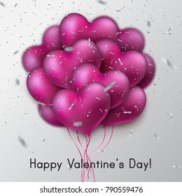 Bunch of glossy heart balloons. Glittering silver confetti. Valentines day holiday sign. Vector illustration, heart shape. Festive decoration element. Love concept. 