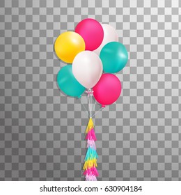 Bunch of Glossy, shiny  yellow, pink, green helium balloons with  colorful  trendy Tassel Garland isolated.  Party decorations for birthday, anniversary, celebration, event design. Vector illustration