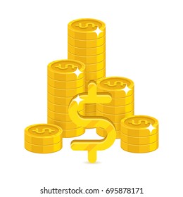 Bunch gold dollars isolated cartoon.