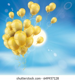 Bunch of golden balloons, clouds, blue sky and sun. Eps 10 vector file.