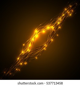 bunch of golden thread. Lines and dots vector effect series. Abstract background element made of semi-random bunch of lines with round random transparency dots on each intersection