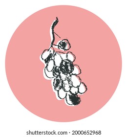 Bunch grape circle sign in vector for homemade wine logo, winemaking banner, label of organic wines, wine tasting poster. Wine-themed vector illustration. Monochrome hand-drawn grape. Ink doodle icon.