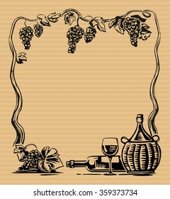 Bunch of grapes, a bottle, a glass and a jug of wine. Engraving vintage vector black illustration. Isolated on brown background. Hand drawn design element for label and poster