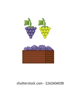 A bunch of grapes and a box of grapes.. Pixel art. Old school computer graphic. Element design stickers, logo, mobile app, menu. 8 bit video game. Game assets 8-bit sprite. 16-bit.