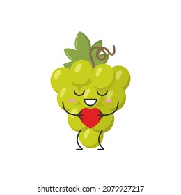 Bunch grapes cute funny character cartoon love sign heart favorite smiling face happy joy emotions ripe juicy symbol wine sweet fruit beautiful icon vector illustration.