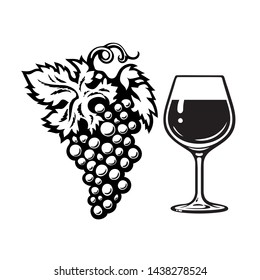 Bunch of grapes and glass of wine in engraving style. Wine icon. Black and white vector illustration isolated on white background.