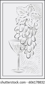 A bunch of grapes and a glass of wine. Vector illustration in graphic style with a bunch of grapes and a glass.