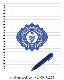 bunch of grapes icon draw (pen strokes). Blue ink. Vector Illustration. Detailed.