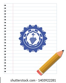 bunch of grapes icon emblem with pen effect. Blue ink. Vector Illustration. Detailed.