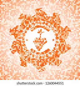 bunch of grapes icon inside abstract emblem, orange mosaic background
