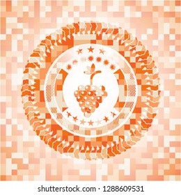 bunch of grapes icon inside abstract orange mosaic emblem with background