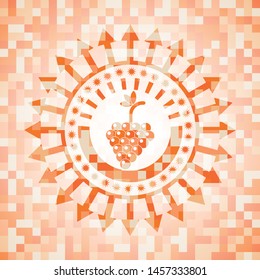 bunch of grapes icon inside abstract emblem, orange mosaic background