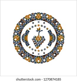 bunch of grapes icon inside arabesque badge background. arabic decoration.