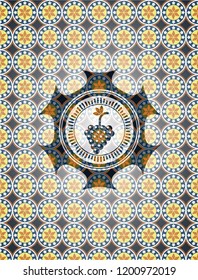 bunch of grapes icon inside arabic style emblem. Arabesque decoration.