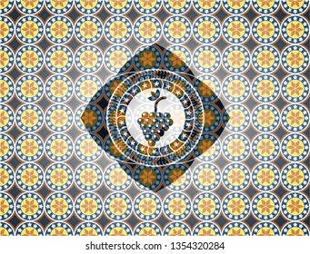 bunch of grapes icon inside arabic badge. Arabesque decoration.