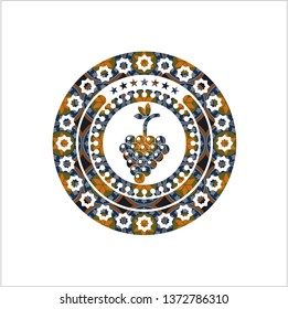 bunch of grapes icon inside arabic style emblem. Arabesque decoration.