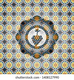 bunch of grapes icon inside arabic badge. Arabesque decoration.