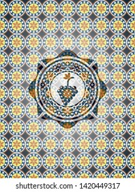 bunch of grapes icon inside arabic badge. Arabesque decoration.