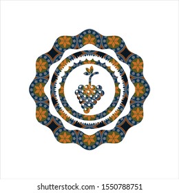 bunch of grapes icon inside arabic badge background. Arabesque decoration.