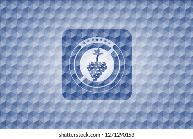 bunch of grapes icon inside blue emblem or badge with geometric pattern background.
