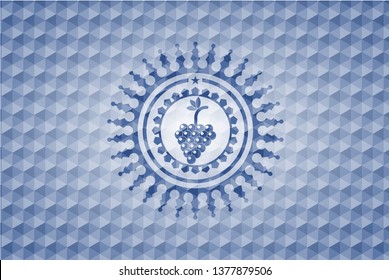 bunch of grapes icon inside blue emblem with geometric pattern.