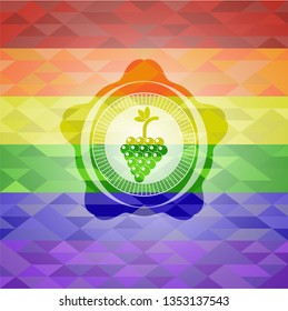 bunch of grapes icon inside emblem on mosaic background with the colors of the LGBT flag