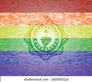 bunch of grapes icon inside emblem on mosaic background with the colors of the LGBT flag