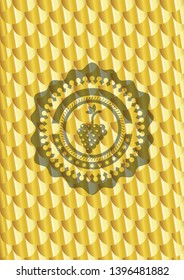 bunch of grapes icon inside gold emblem or badge. Scales pattern. Vector Illustration. Detailed.