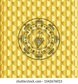 bunch of grapes icon inside gold shiny emblem. Scales pattern. Vector Illustration. Detailed.