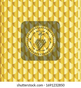 bunch of grapes icon inside gold badge or emblem. Scales pattern. Vector Illustration. Detailed.