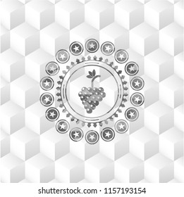 bunch of grapes icon inside grey emblem with cube white background