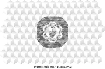 bunch of grapes icon inside grey badge with geometric cube white background