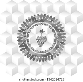 bunch of grapes icon inside grey badge with geometric cube white background