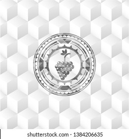 bunch of grapes icon inside grey emblem with cube white background