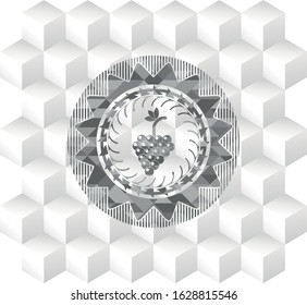 bunch of grapes icon inside grey emblem with cube white background