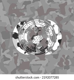 bunch of grapes icon inside grey camouflaged emblem. 