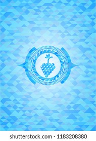 bunch of grapes icon inside light blue emblem. Mosaic background