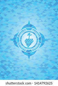 bunch of grapes icon inside light blue emblem with mosaic background