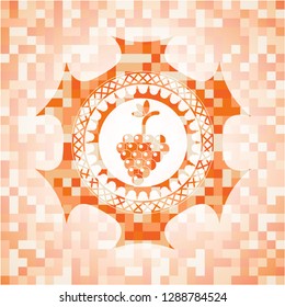 bunch of grapes icon inside orange tile background illustration. Square geometric mosaic seamless pattern with emblem inside.