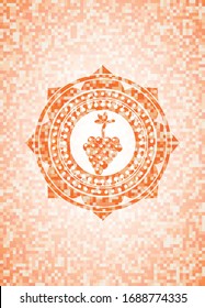 bunch of grapes icon inside orange tile background illustration. Square geometric mosaic seamless pattern with emblem inside.