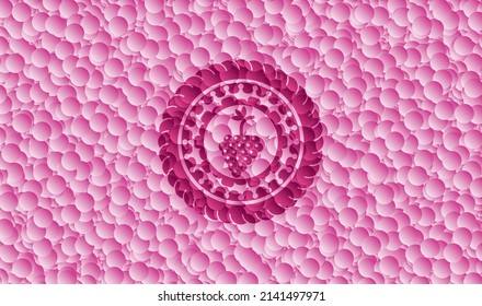 bunch of grapes icon inside pink badge with bubbles background. Vector Illustration. Detailed. 
