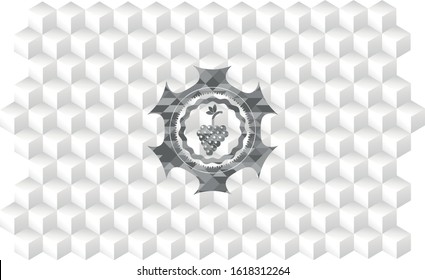 bunch of grapes icon inside realistic grey emblem with geometric cube white background