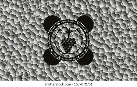 bunch of grapes icon inside realistic black emblem with grey bubbles background. Vector Illustration. Detailed.