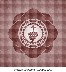 bunch of grapes icon inside red emblem with geometric background. Seamless.