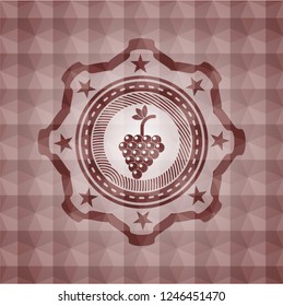 bunch of grapes icon inside red geometric pattern emblem. Seamless.
